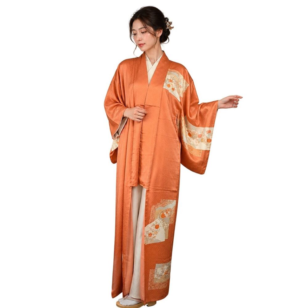 Custom Kimono Coat Women One Size Orange Silk Floral Long Lined Open Front Japan
